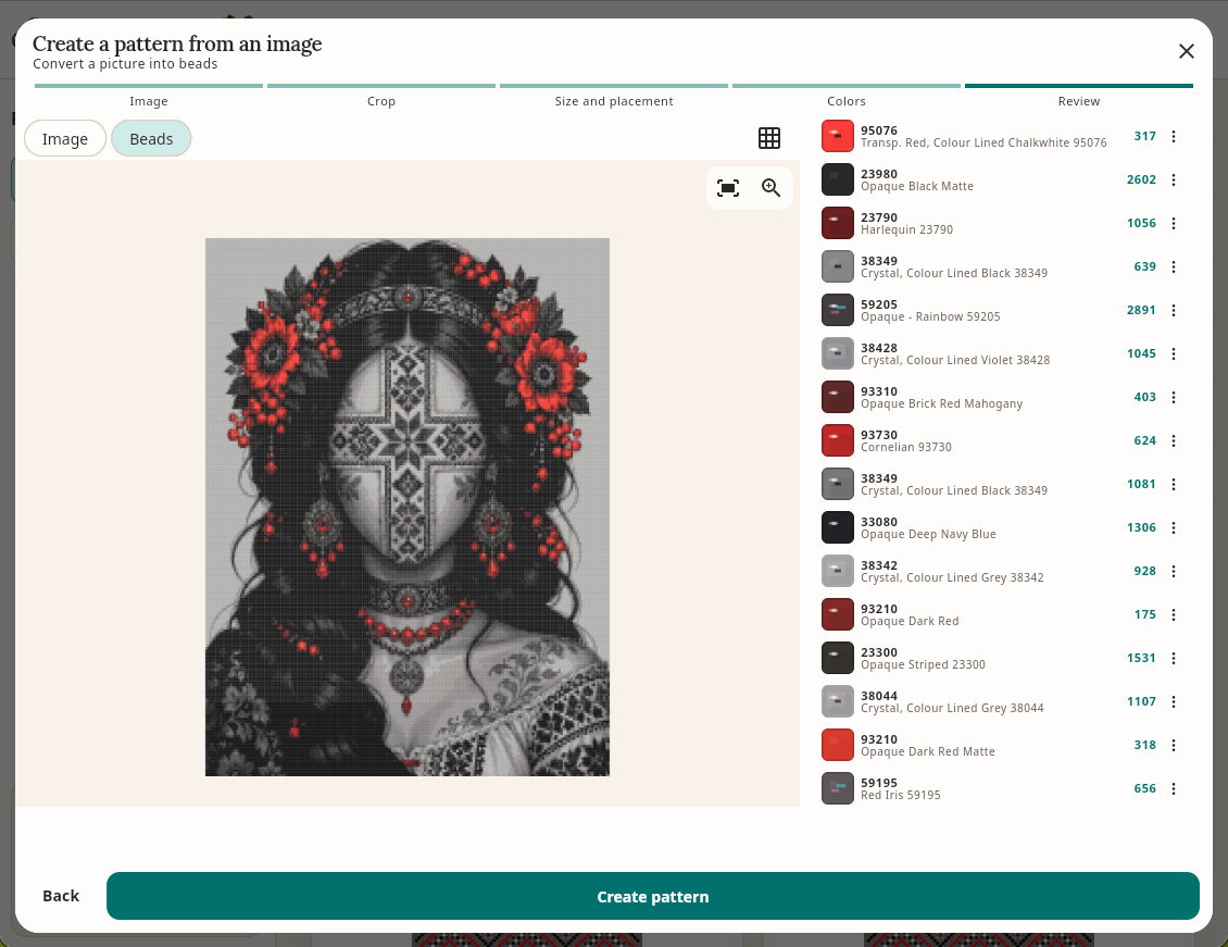 Preview of a portrait pattern and its bead colour palette before creating the project